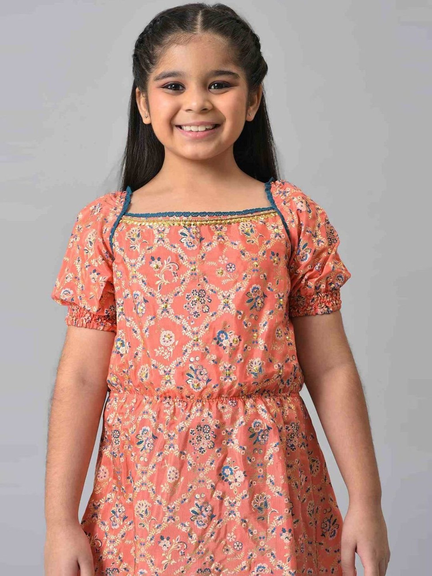 Aurelia Kids Peach & Blue Floral Print Kurta Set
