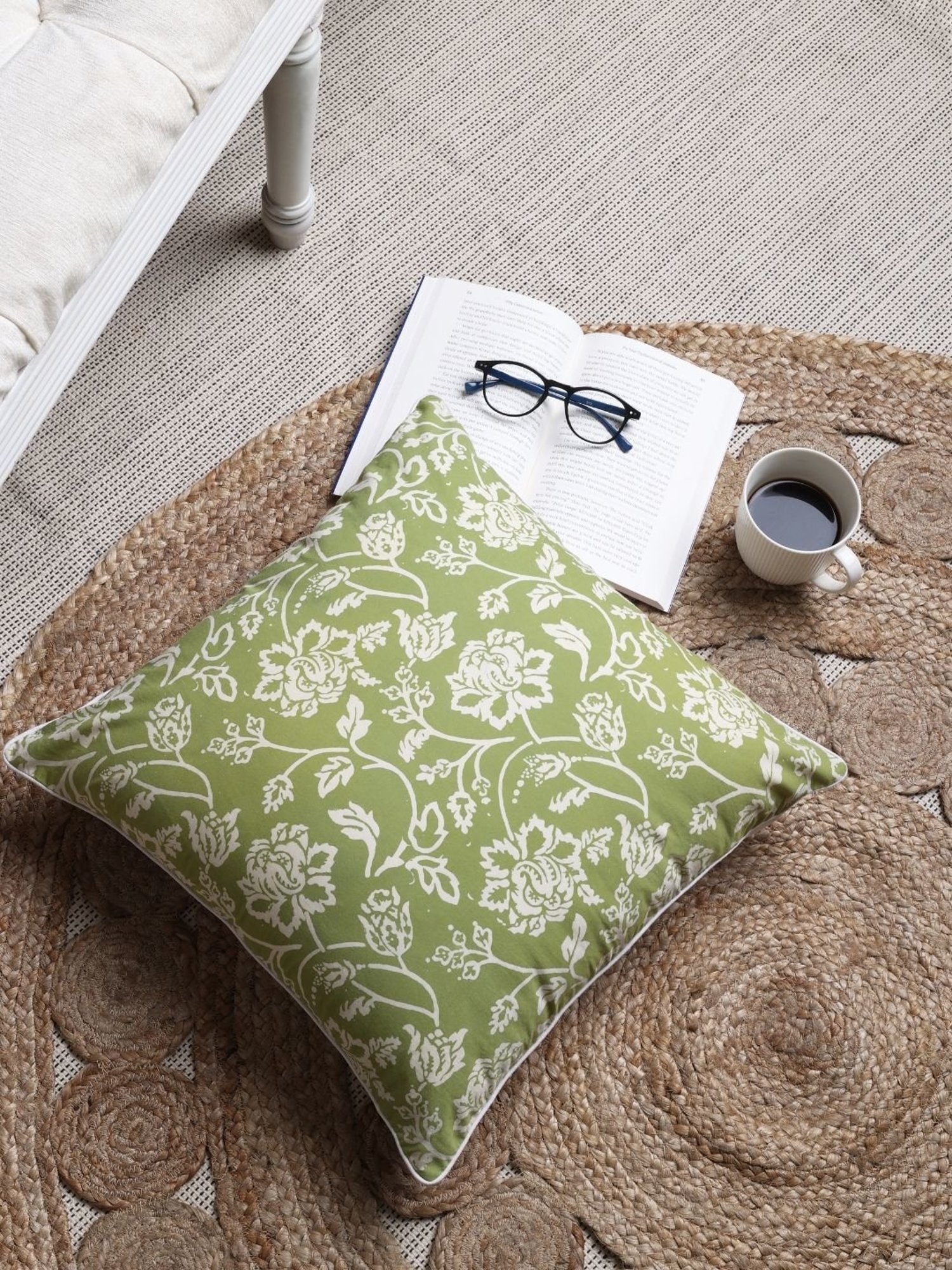 Spaces Printed Green Cotton Cushion Cover