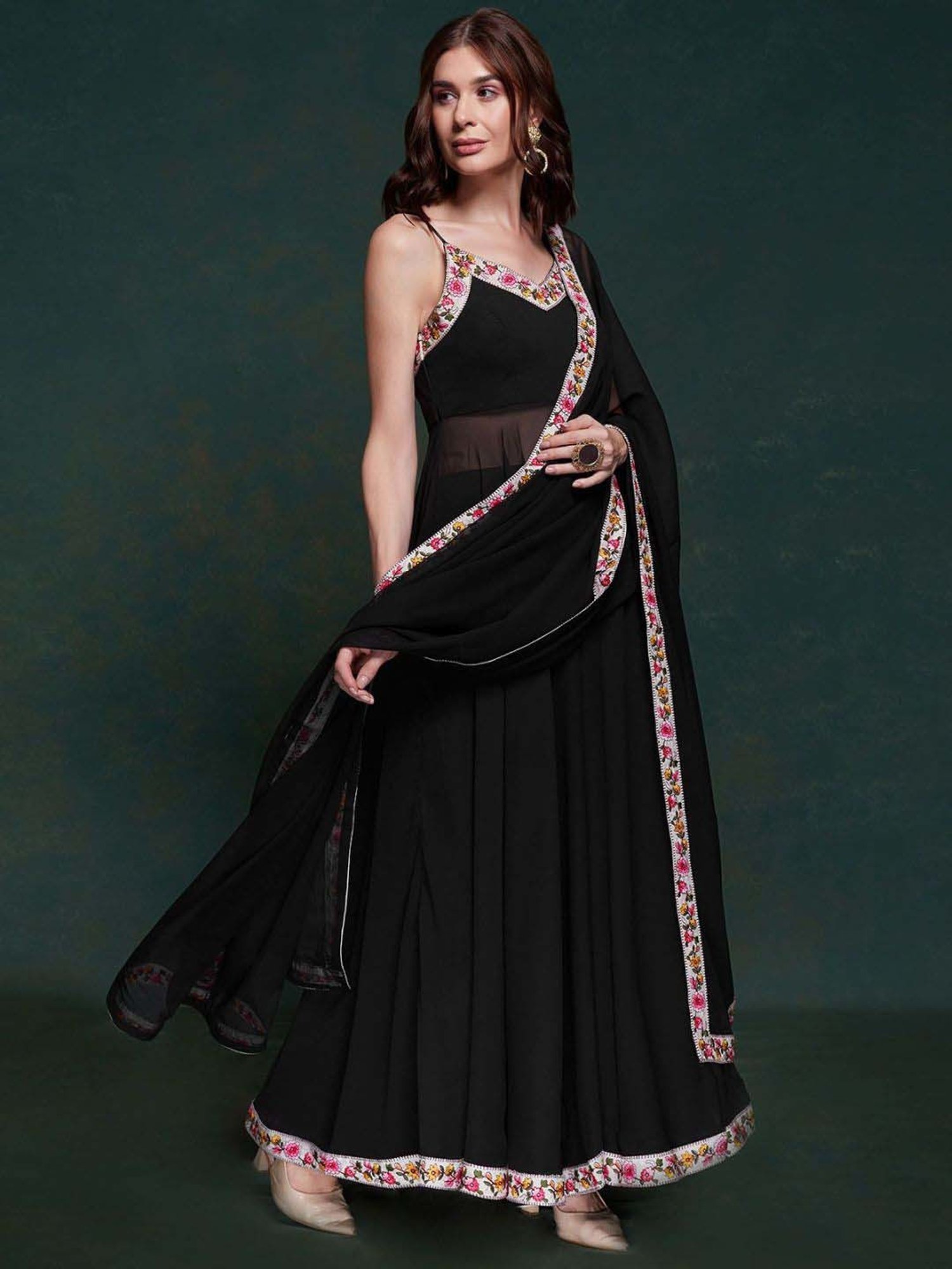 Odette Black Floral Print Kurta & Pant Set with Dupatta