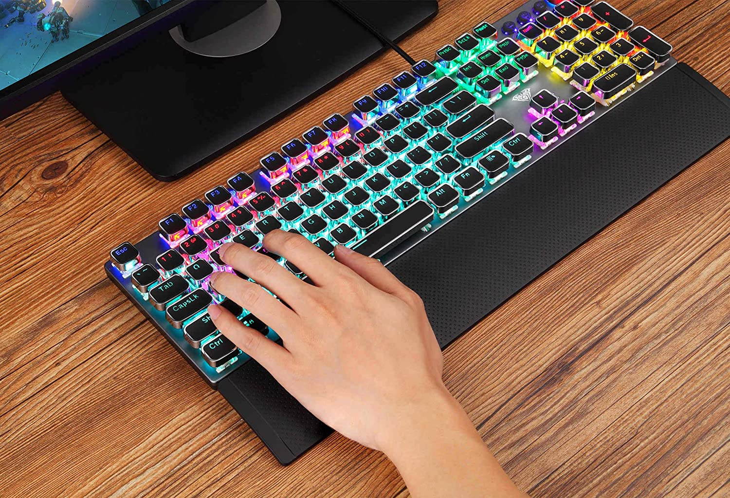 AULA F2088 Mechanical Gaming Keyboard Detachable Wrist Rest Multimedia Knob, 104 Keys Anti-ghosting Marco Programming Metal Panel Wired LED Backlit Keyboard for PC Gamer (MixedLight,BlueSwitch)