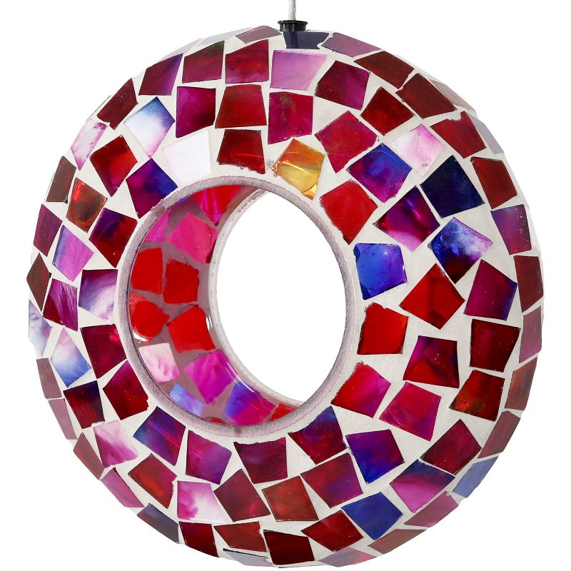 Sunnydaze Outdoor Garden Patio Round Glass with Mosaic Design Hanging Fly-Through Bird Feeder - 6" - Crimson
