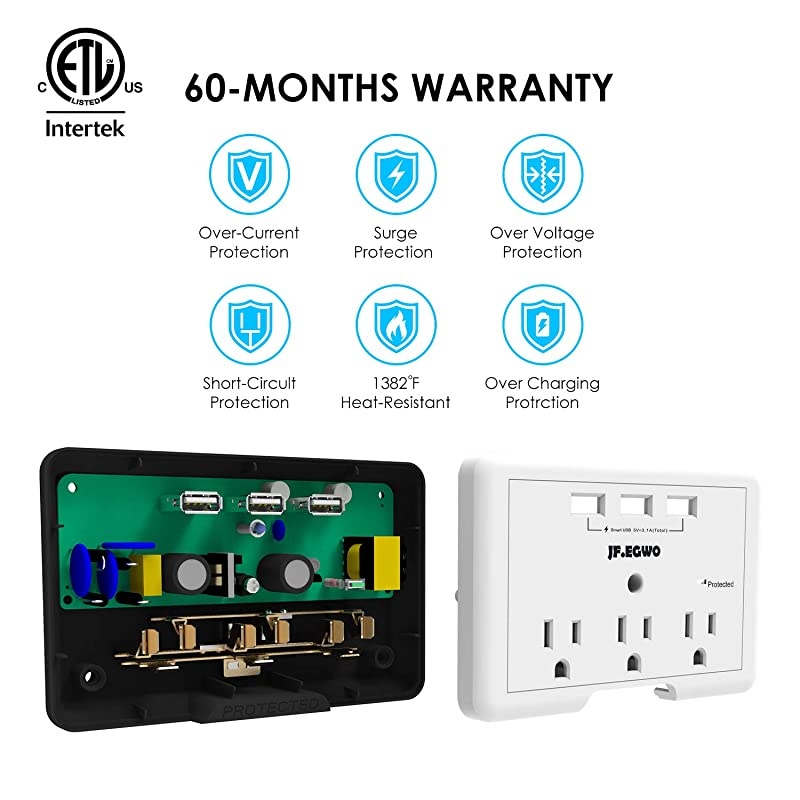 Multi Plug 3 Outlet 3 USB Wall Mount Adapter 1700 Joules Surge Protector Wall Outlet Plug Extender USB Charging Station White USB Plug by  ETL Certified