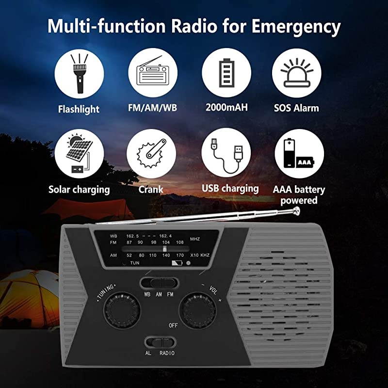 Emergency Solar Hand Crank Portable Radio,AM/FM NOAA Weather Radio for Household and Outdoor Survival with LED Flashlight, 2000mAh USB Charger, Reading Lamp,SOS Alarm(Gray)