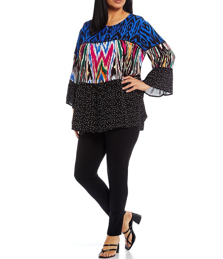Calessa Plus Size Crinkle Tiered Patchwork Round Neck Long Bell Sleeve Abstract Print Tunic