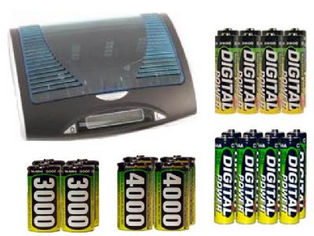Super Universal LCD Battery Charger + 8 AA (2600 mAh) + 8 AAA (1200 mAh) + 4 C (3000 mAh) + 4 D (4000 mAh) AccuPower NiMH Batteries