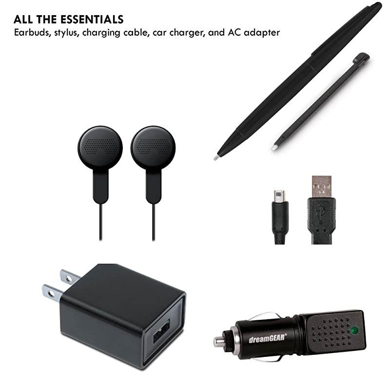 20in1 Essentials Kit Compatible with Nintendo NEW 3DS XL Carrying Case 2 Screen Protectors 4 Game Cases Earbuds 2 Stylus SD Card Reader Charge Cable AC Adapter Car Charger More