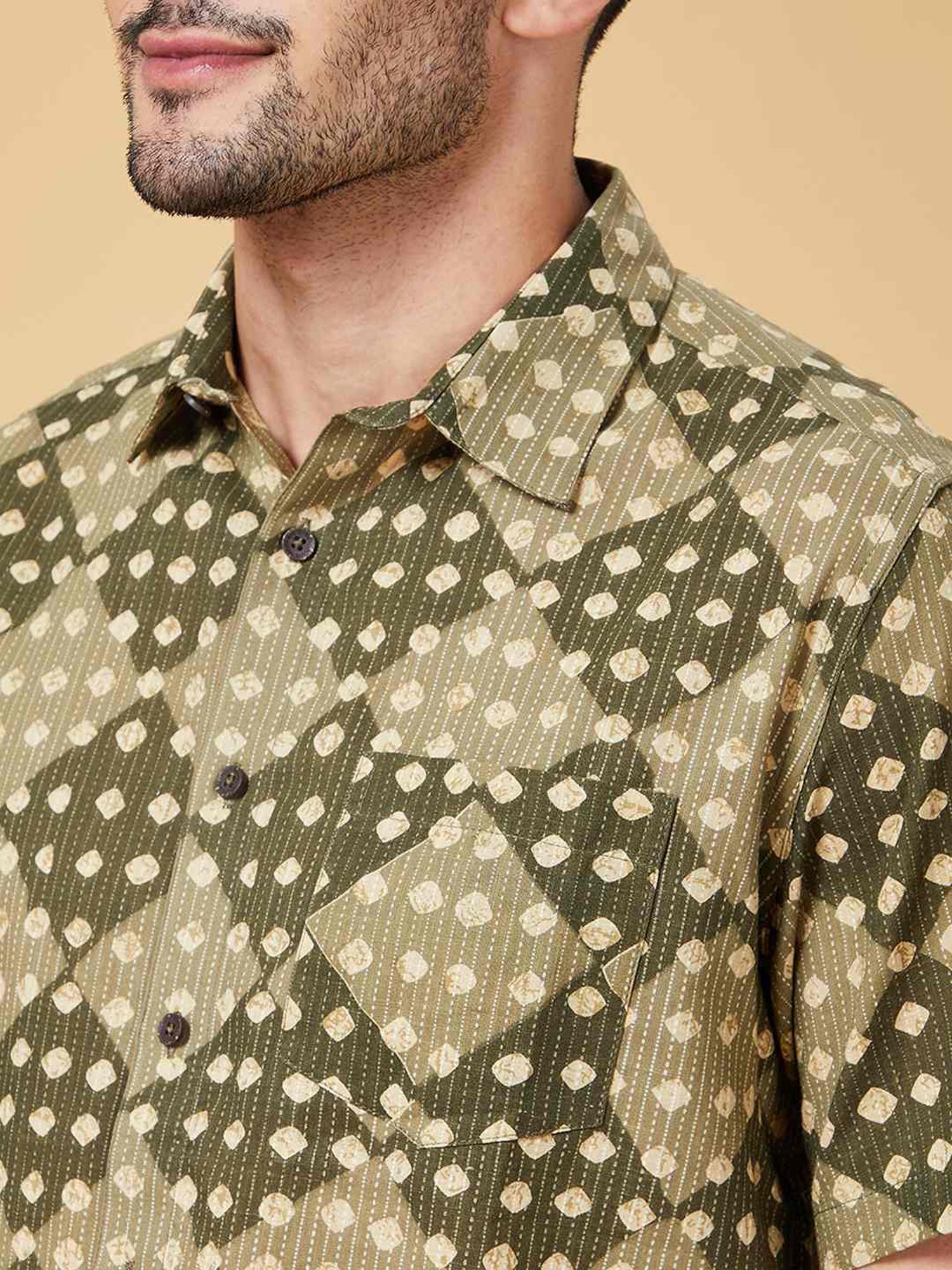 Indus Route By Pantaloons Sage Green Cotton Regular Fit Printed Shirt