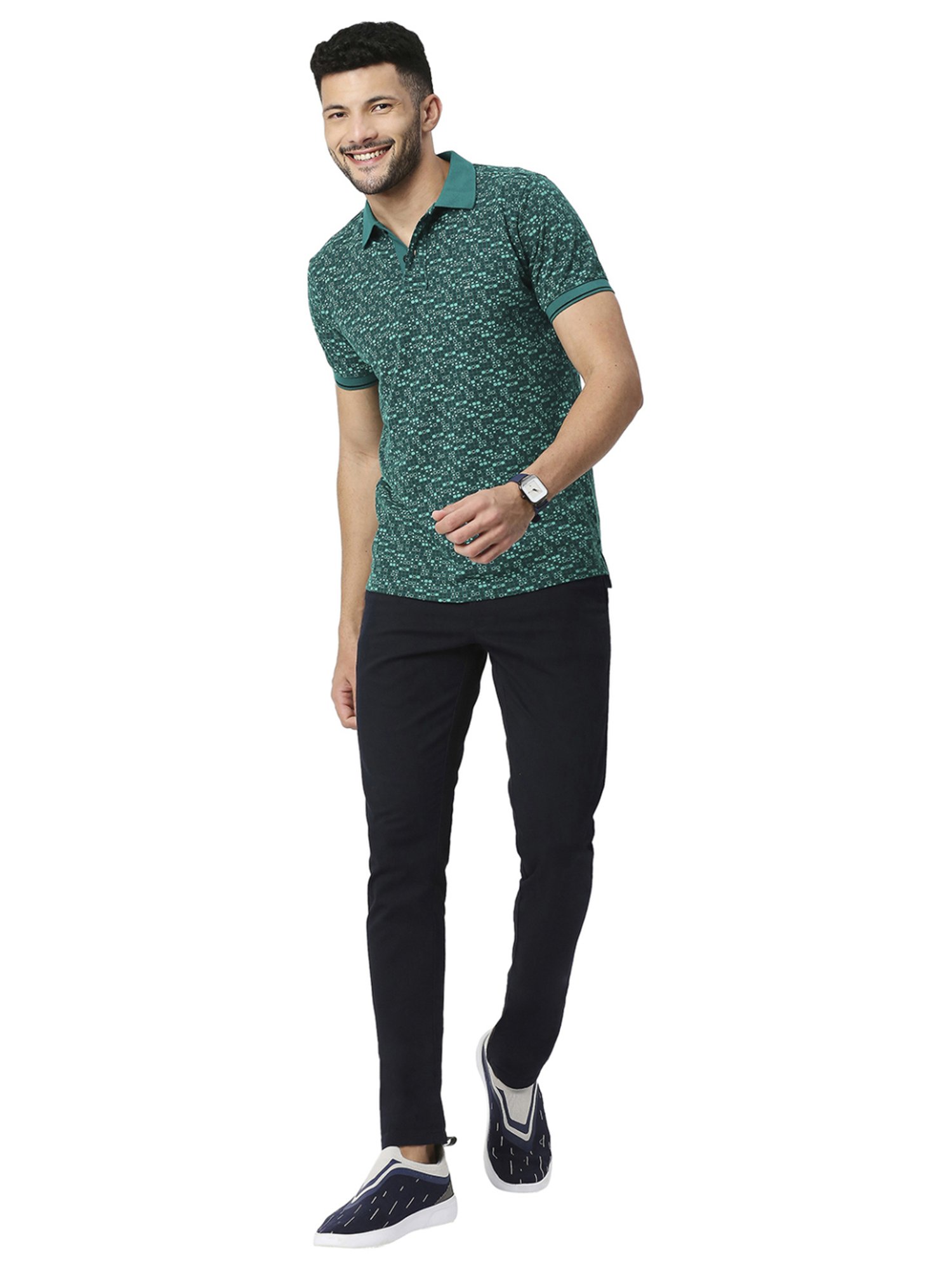 Basics Green Slim Fit Printed Polo T-Shirt