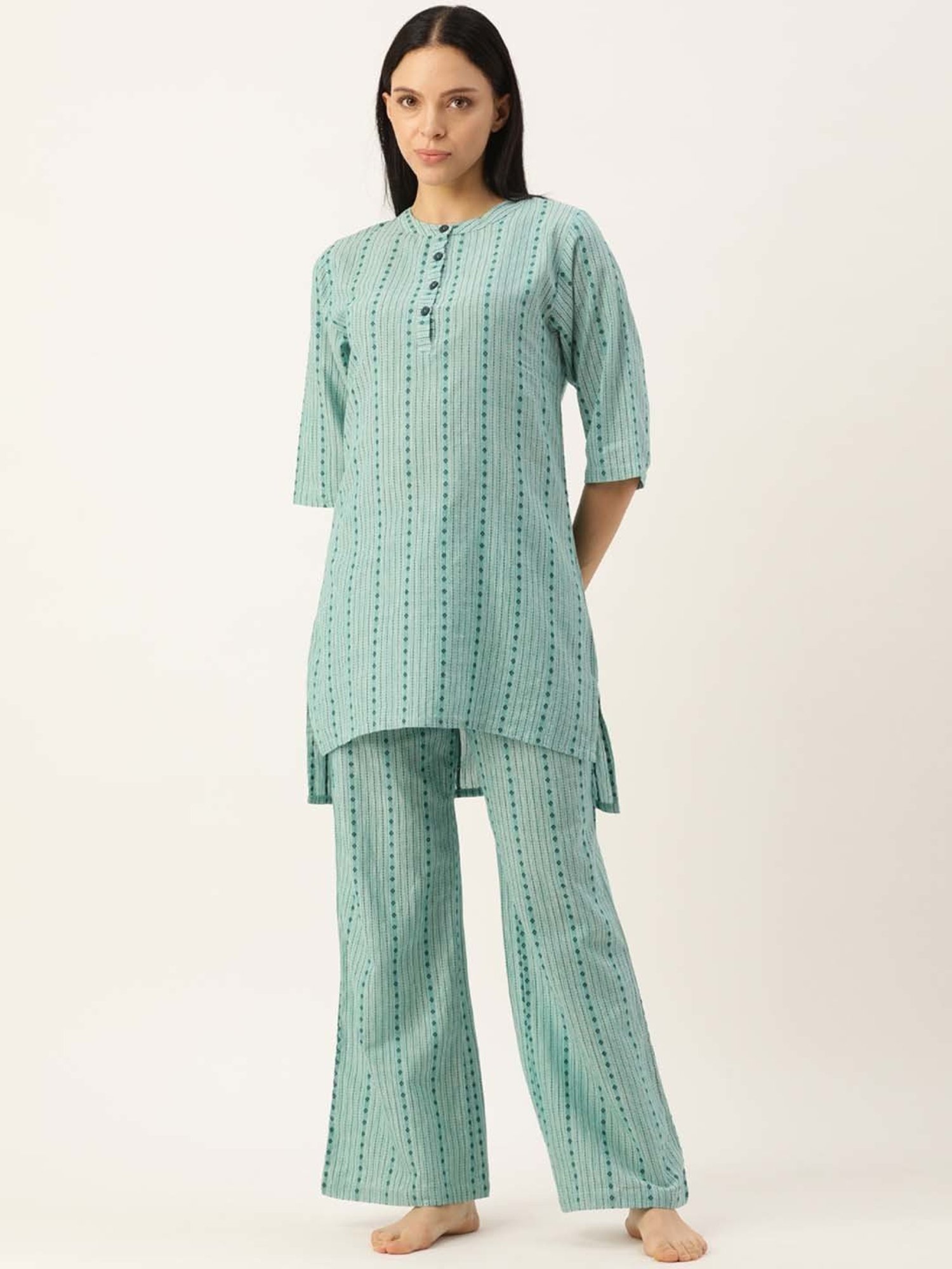 Clt.s Green Cotton Striped Kurti Palazzo Set