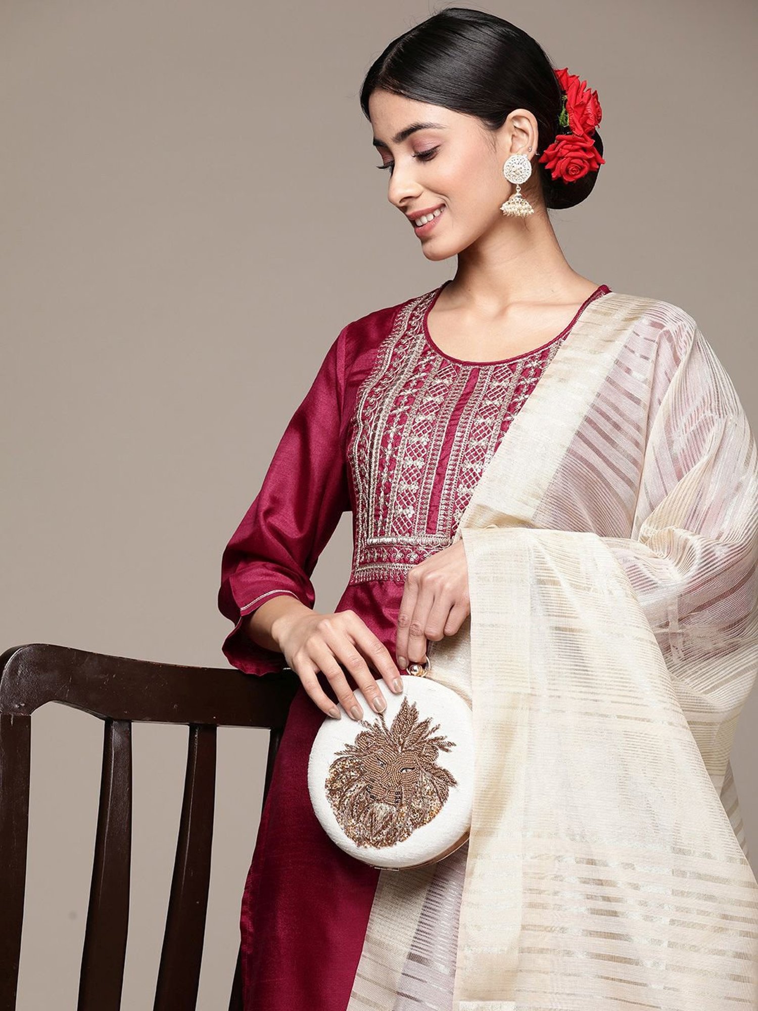 Anubhutee Maroon Embroidered Kurta Pant Set With Dupatta