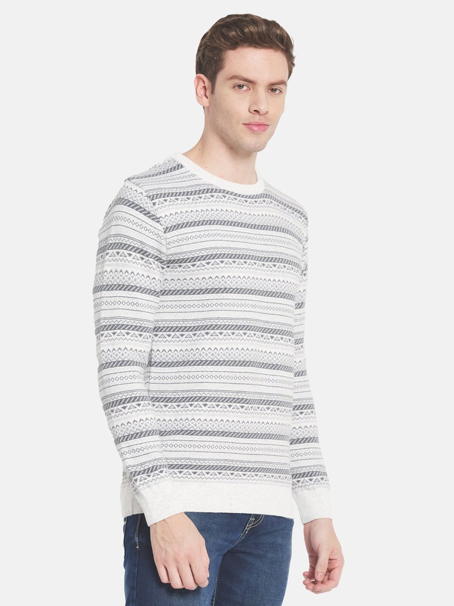 Mettle White Cotton Regular Fit Striped Sweater