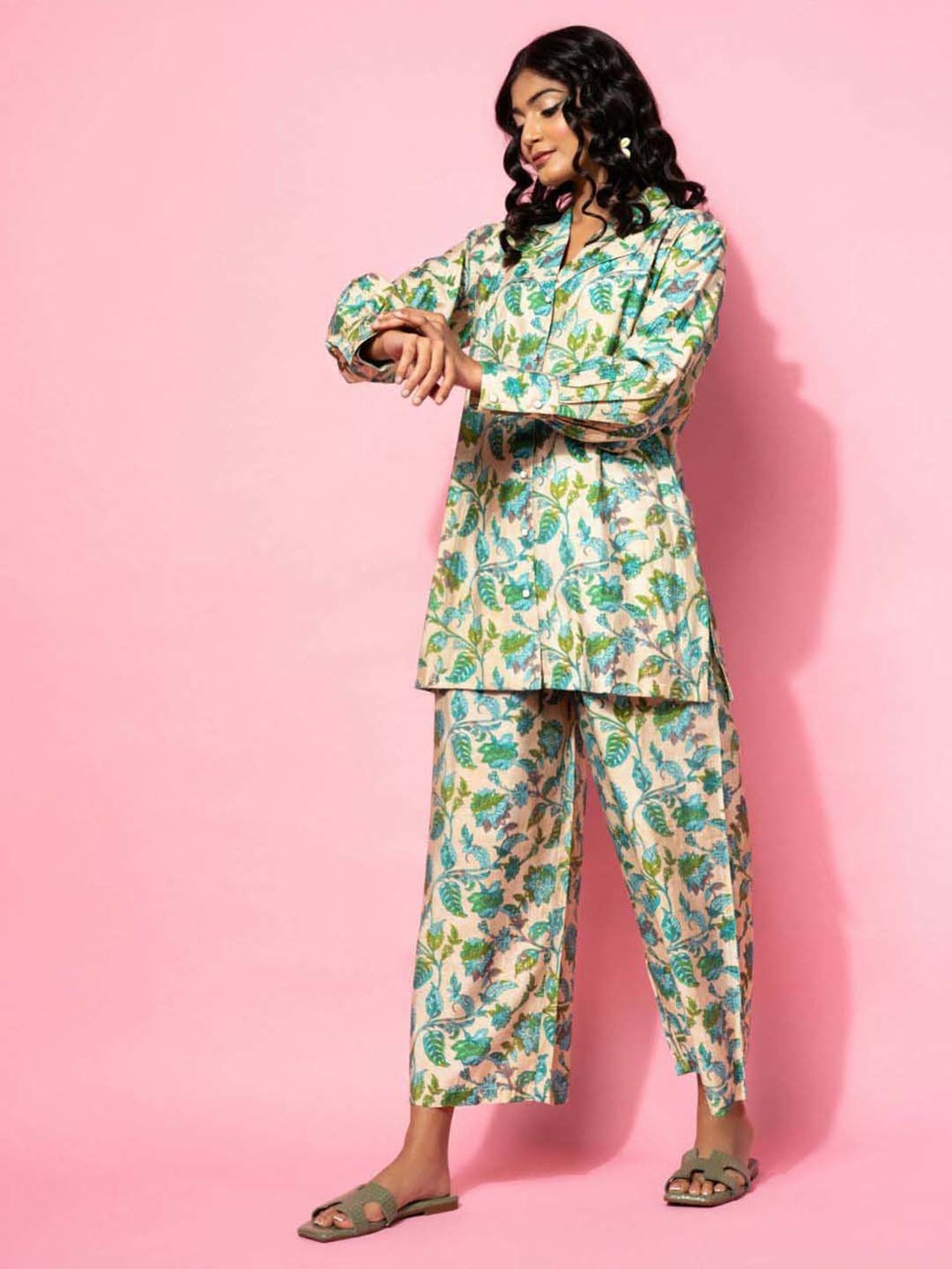 Libas Beige Printed Silk Blend Co-Ords