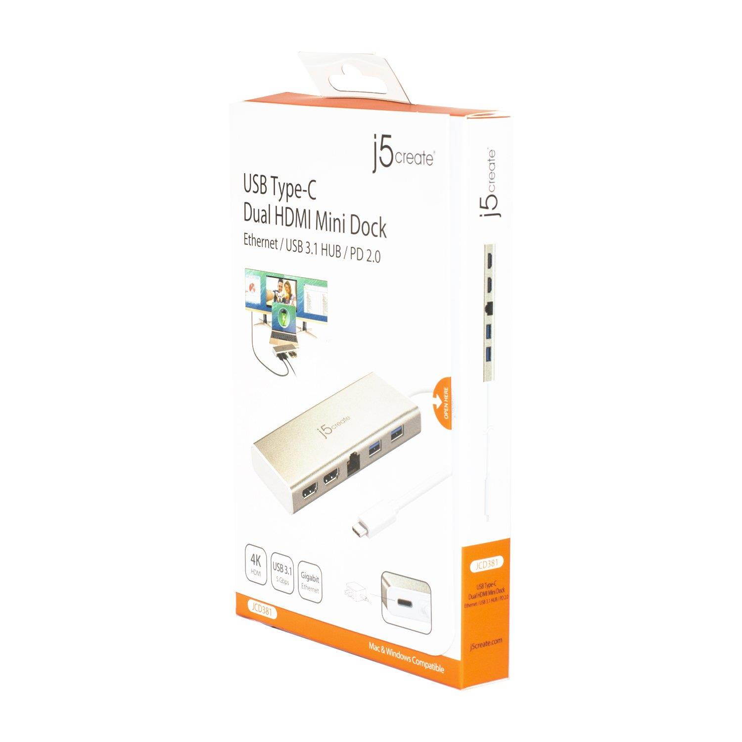 j5create USB C Hub Adapter Dock Type C Adapter USB Docking Station | Dual HDMI & 2X USB-A 3.0 Ports, Ethernet | Power Delivery (PD) 2.0 | 4K Resolution Display | Windows/macOS 10.8 or Later