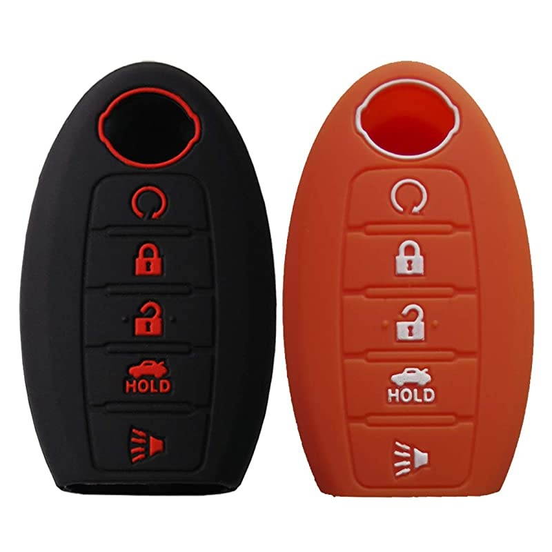 2Pcs Silicone Key Fob Remote Cover Case Jacket Holder Protector for Nissan Altima Maxima Armada Murano Rogue Sedan Pathfinder 5 Buttons Black Orange