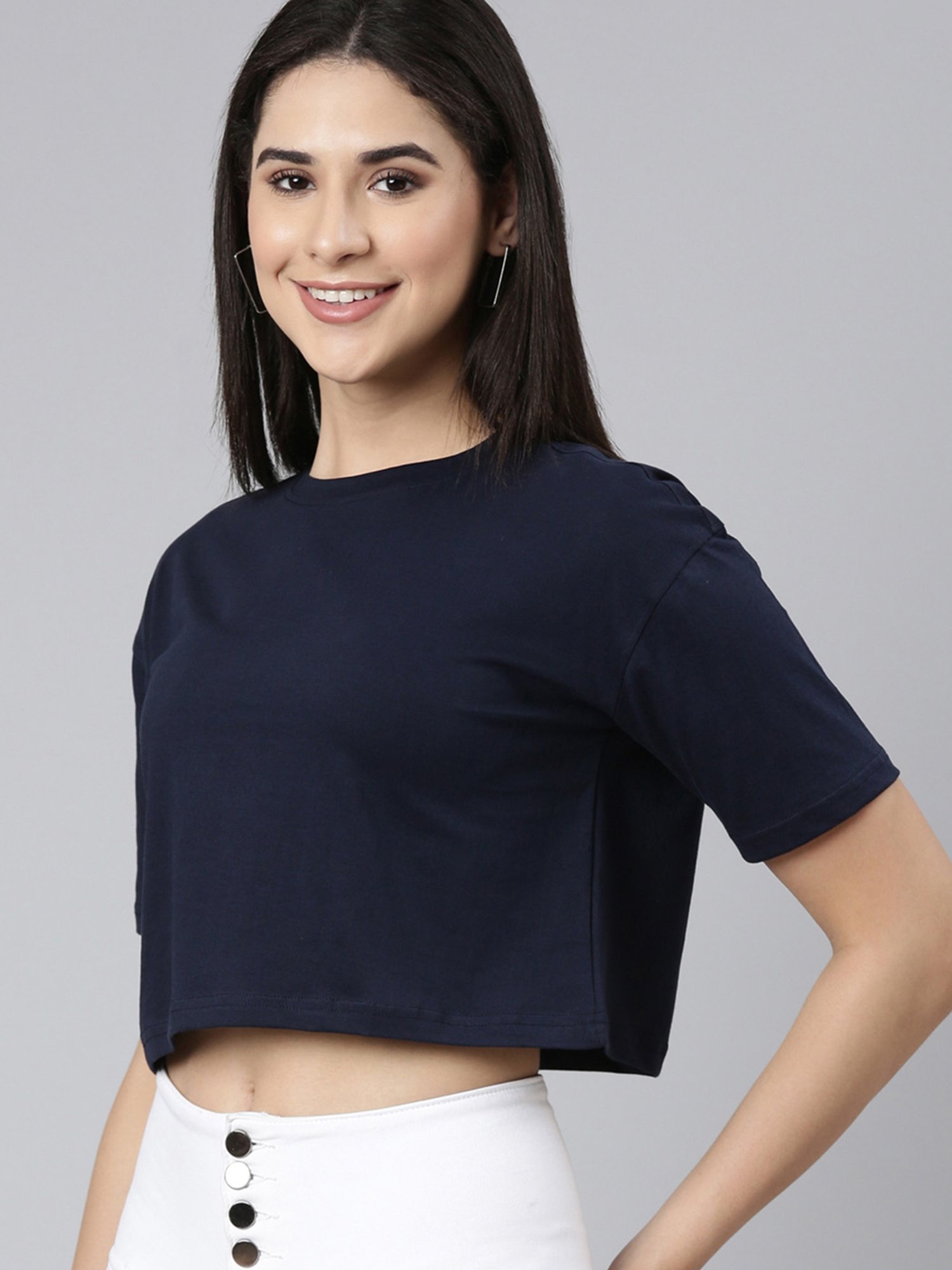 Kryptic Navy Cotton Relaxed Fit Crop T-Shirt (Pack Of 2)