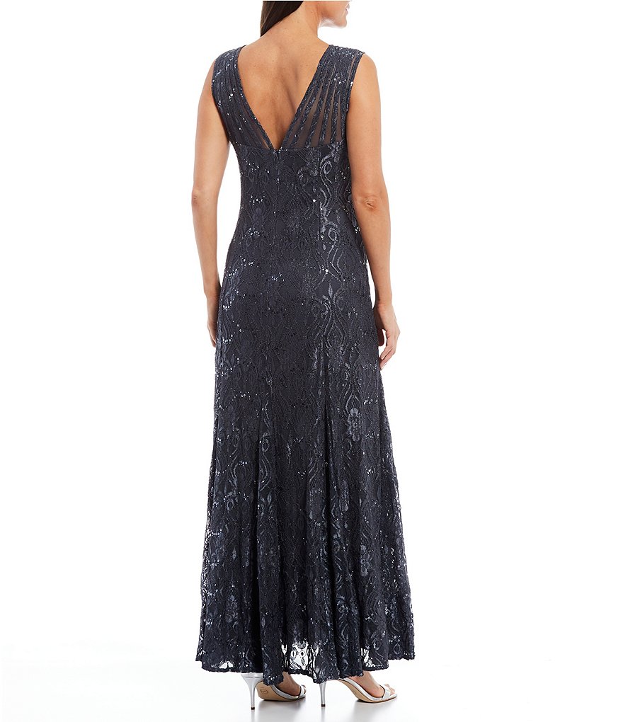 R & M Richards Illusion Shoulder Sleeveless Lace Gown