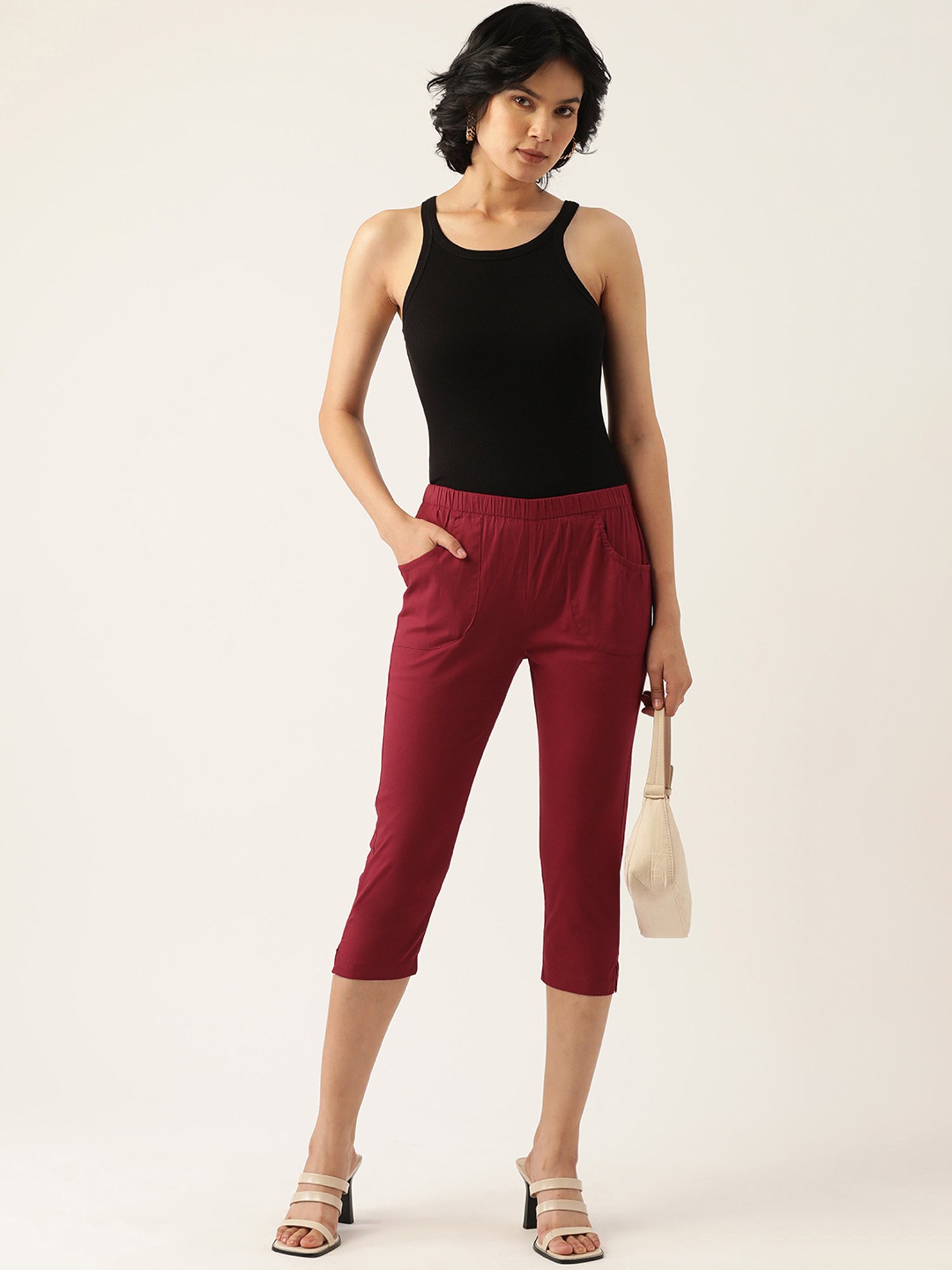BRINNS Maroon Mid Rise Cropped Capris