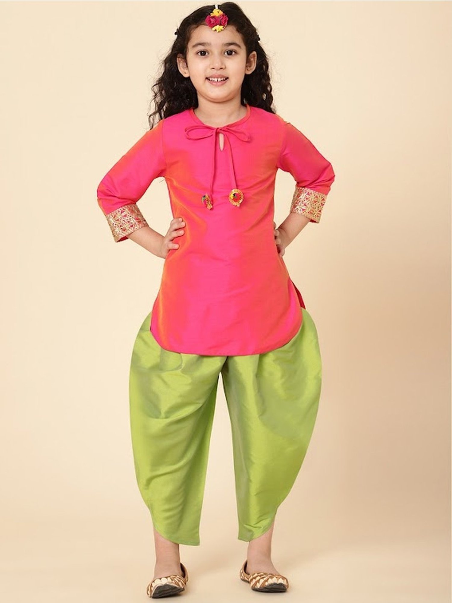A.T.U.N. Kids Pink & Green Regular Fit Full Sleeves Kurta Set
