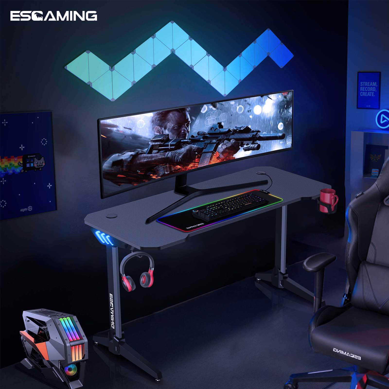 ESGAMING 55.2 Inch RGB light strip Gaming Desk  PC Computer Desk Y-shaped Table Home Office Desk with over-size full black Mouse Pad, Free Headphone Hook, Gaming Handle Rack and Cup Holder (Black)
