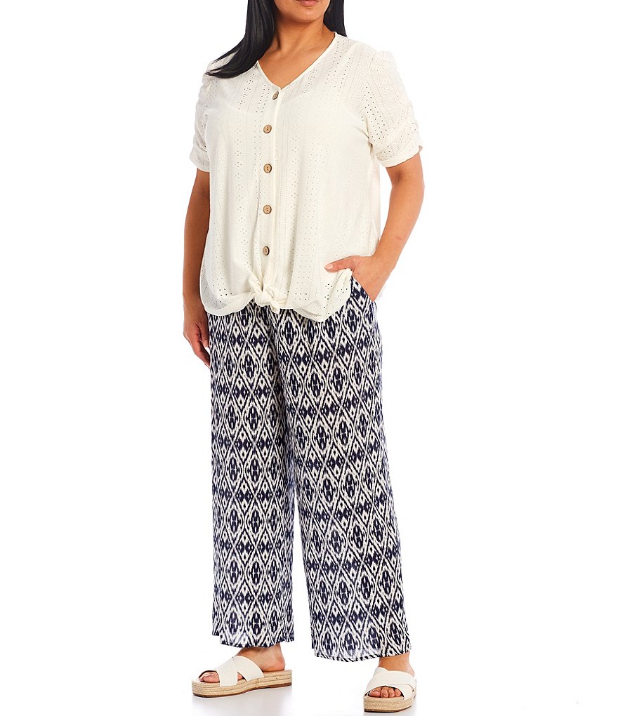 I.N. Studio Plus Size Geometric Print Crepon Pull-On Wide Leg Pants