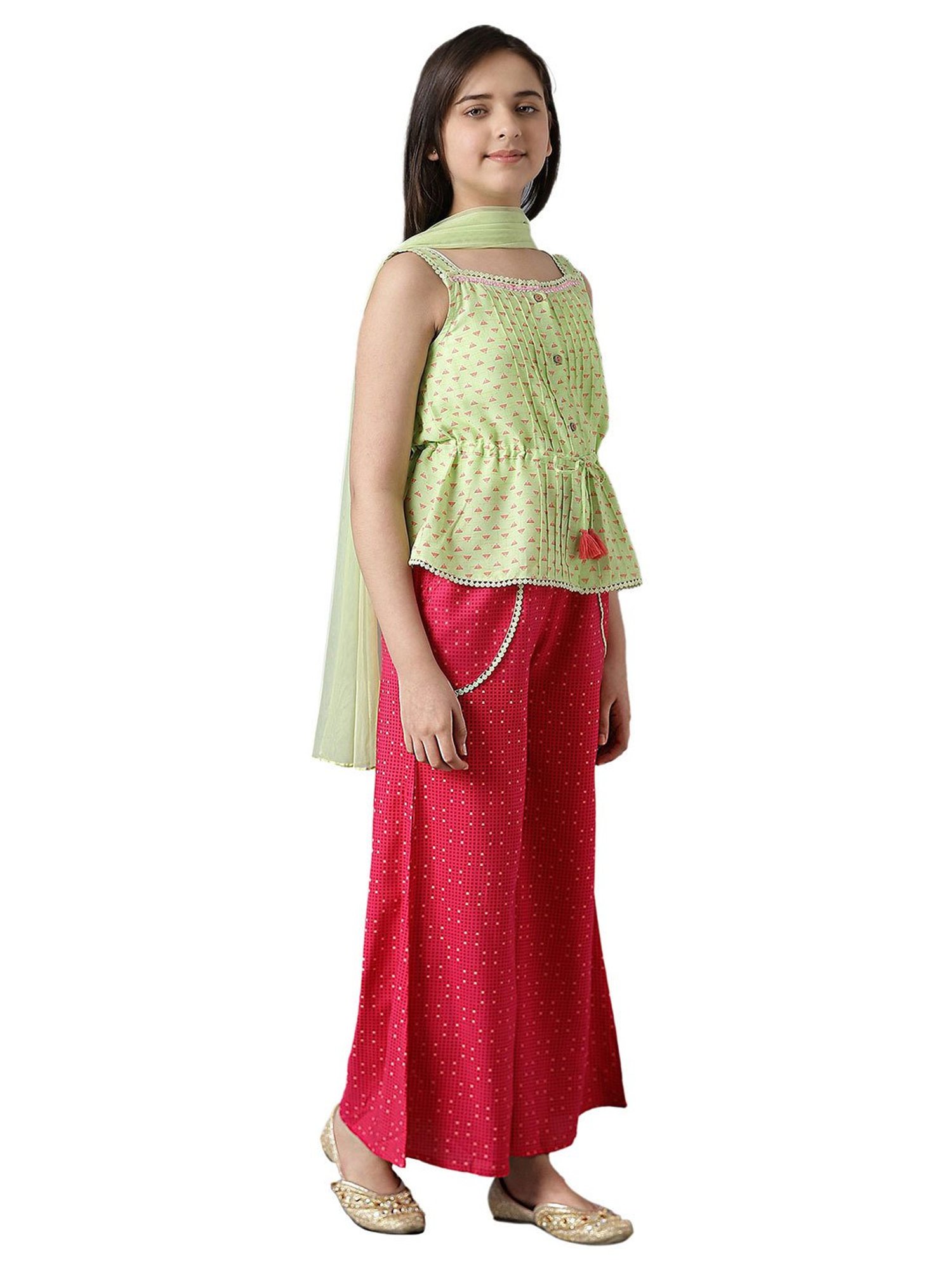 Aurelia Kids Green & Pink Printed Kurti with Palazzos & Dupatta