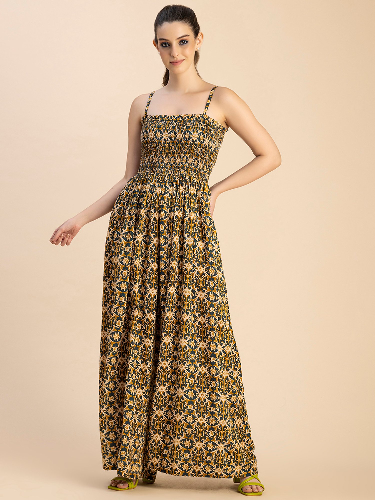 Moomaya Teal & Mustard Printed Jumpsuit