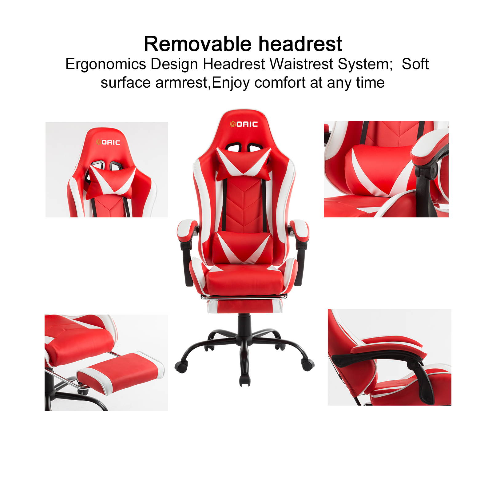 Goaic Gaming Chair PC Racing Game Chair Ergonomic 135&deg; Adjustable Reclining Office Chair with Footrest, High Back Office Desk Computer Chair with Headrest and Lumbar Pillow Support (White/Red)