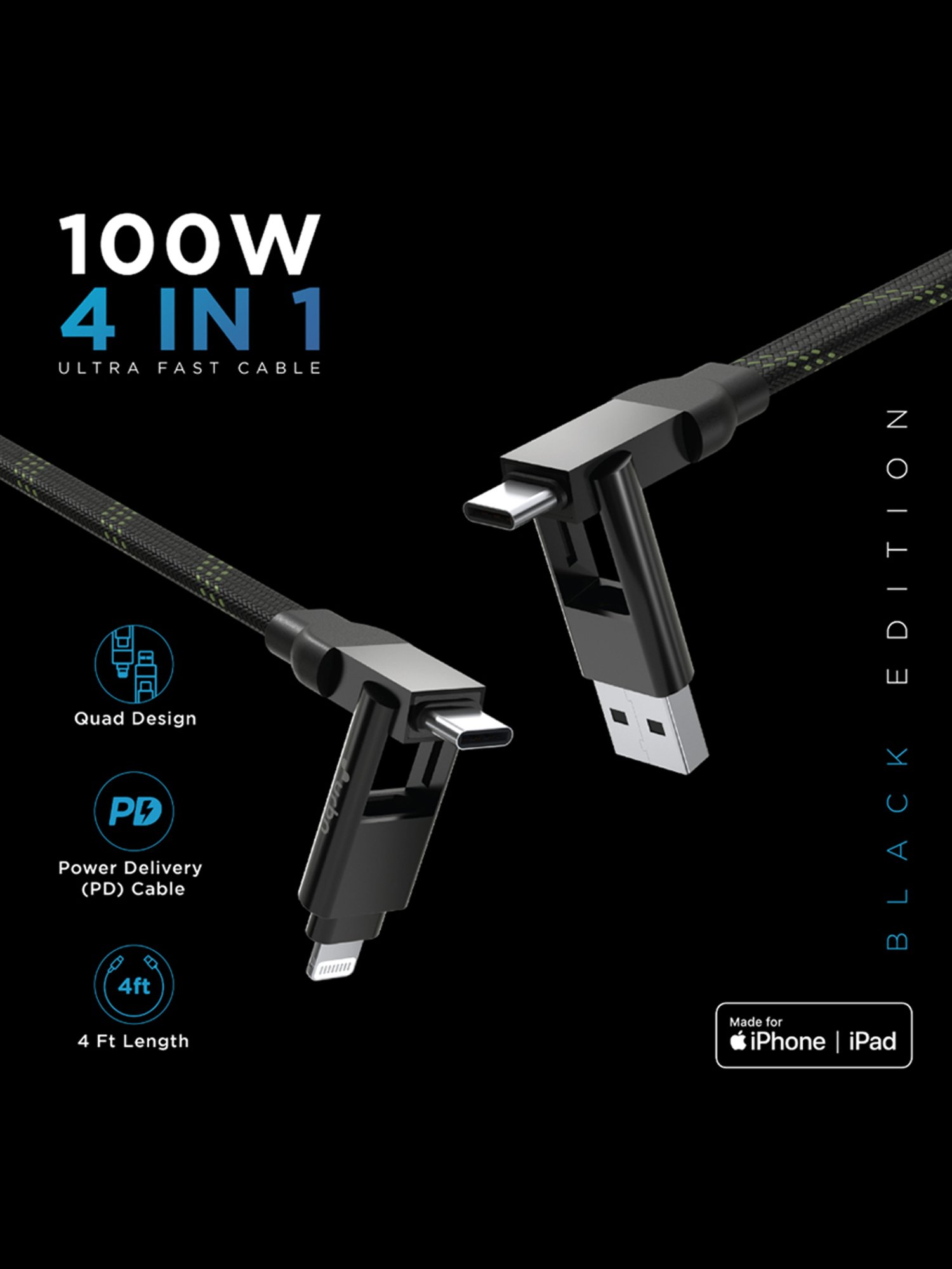 URBN 4 in 1 Quad Cable, Apple MFi Certified Type C to Lightning,USB to LTG, Type C to C (Camo)