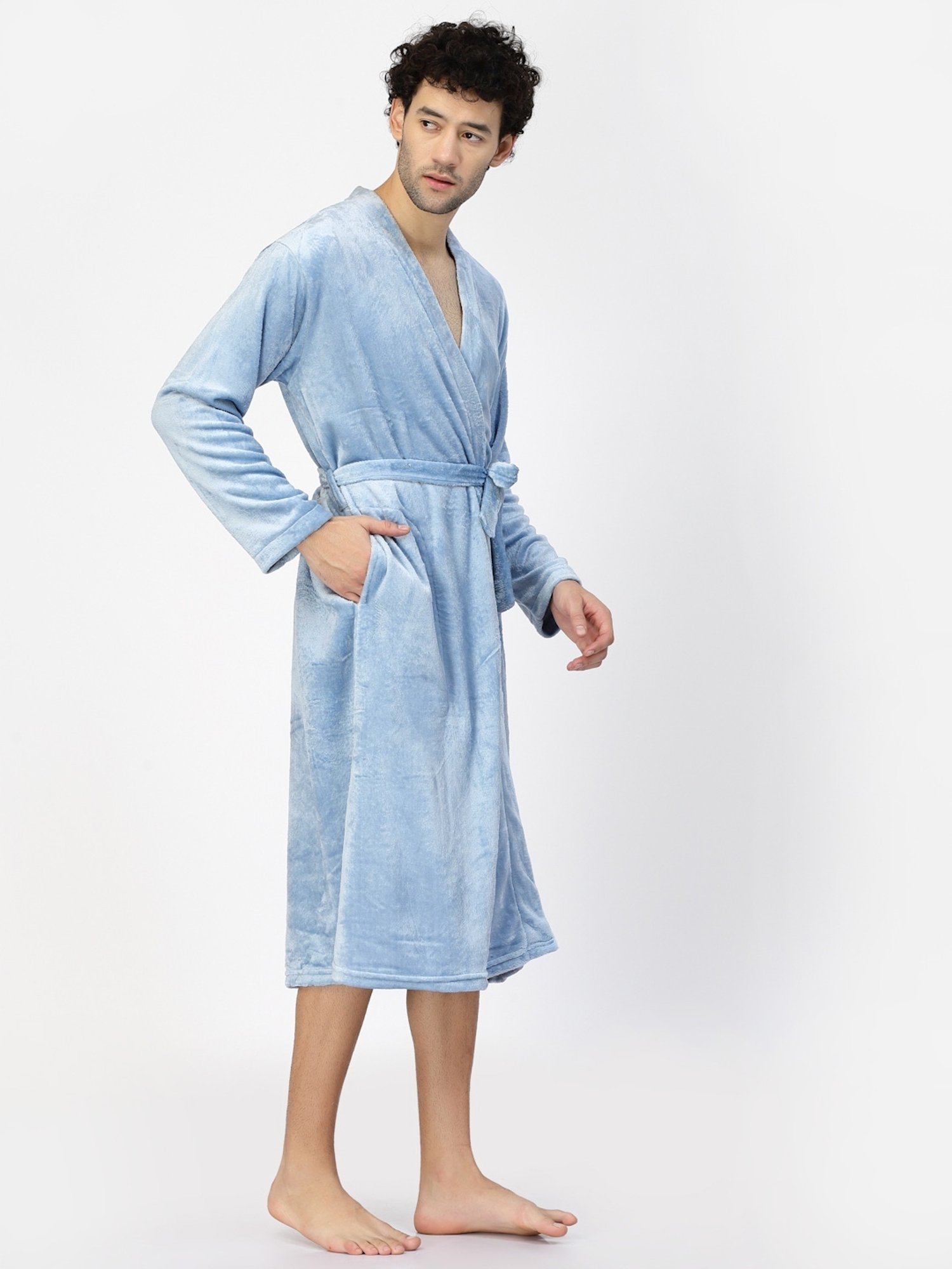 Klotthe Embellished Blue 210 GSM Cotton Bath Robe with Belt