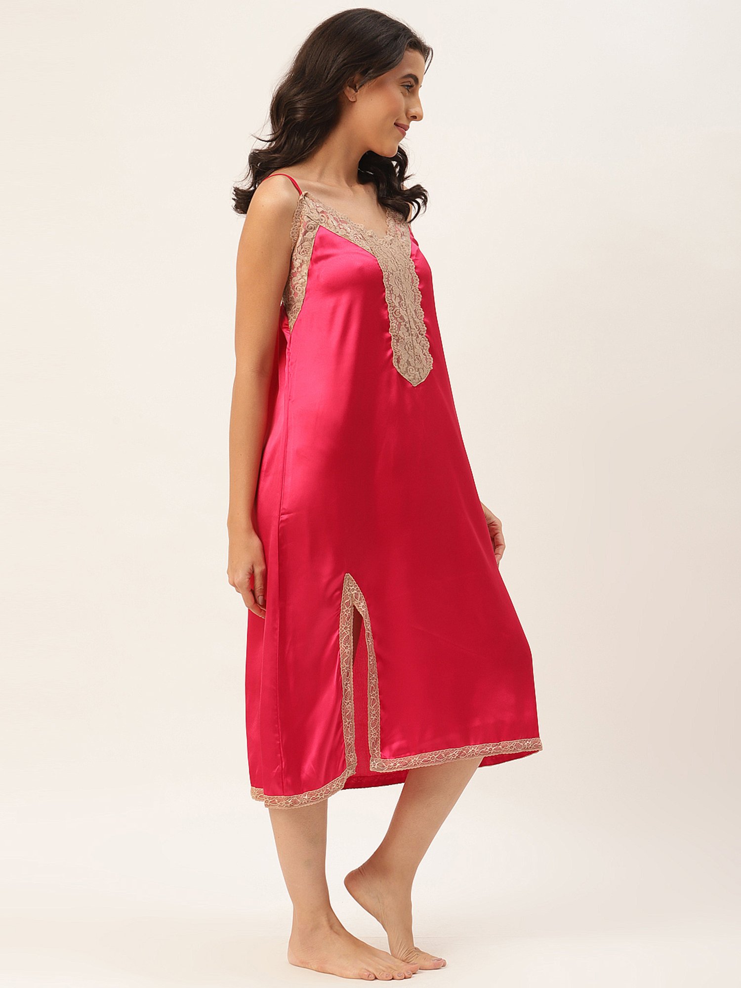 Ms.Lingies Pink Lace Work Nightwear With Robe