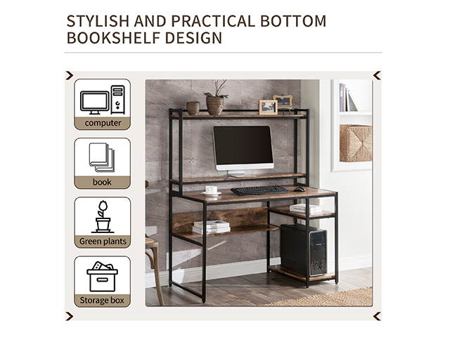 Home Office Game Table Computer Desk with 2-Tier Bookshelf and Open Storage Shelf Equipped with Removable Monitor Riser,Brown,GT55