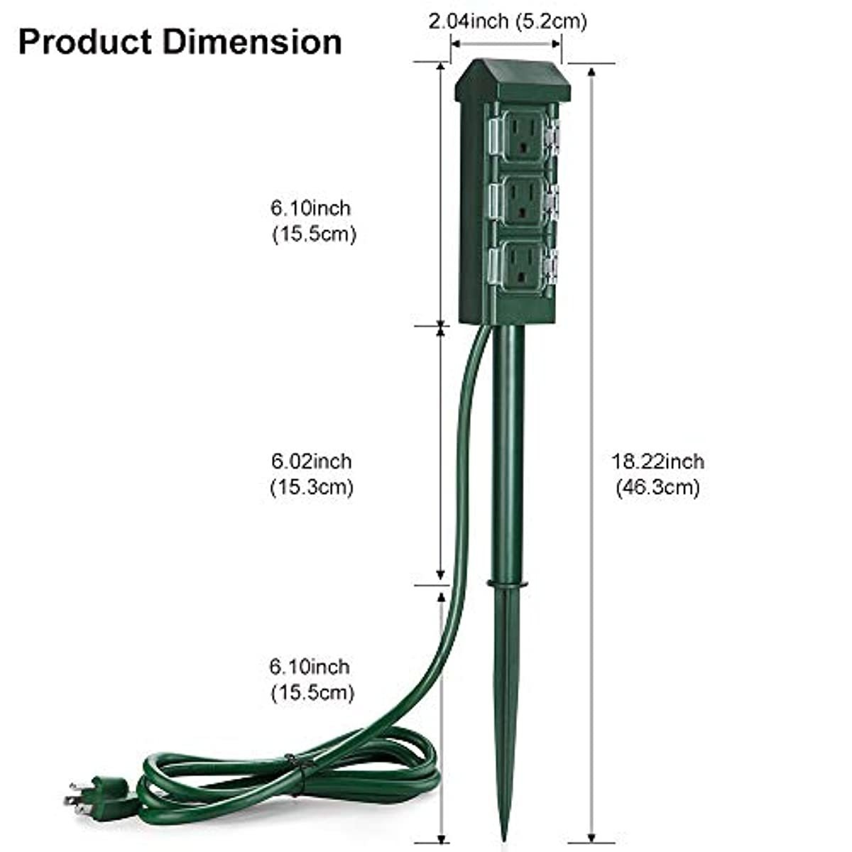 BESTTEN Outdoor Power Strip with 12 Feet Long Extension Cord, 3-Outlet Yard Power Stake with Weatherproof Protective Covers, ETL Certified, Green