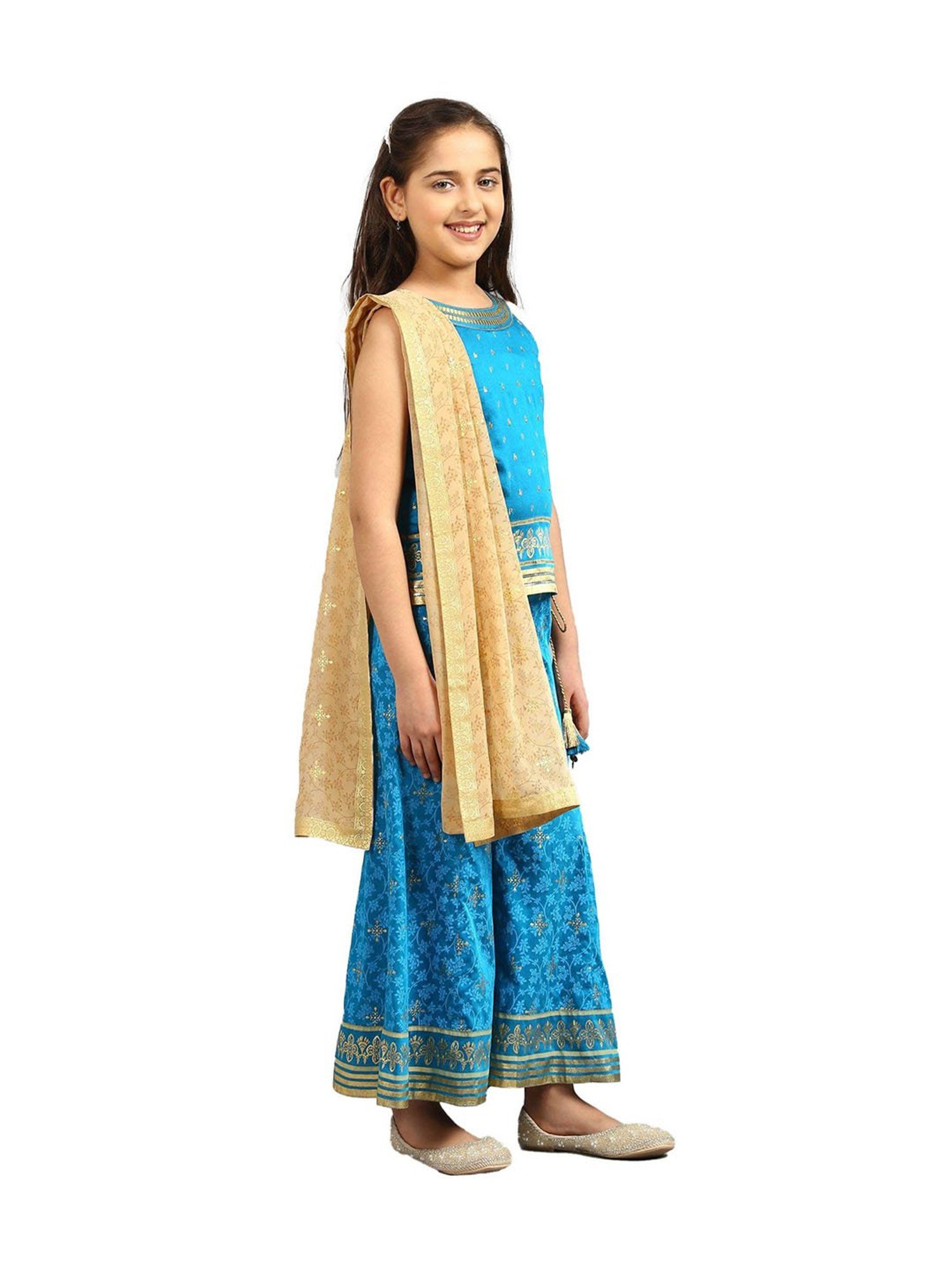 Aurelia Kids Blue & Beige Embellished Top, Palazzos with Dupatta