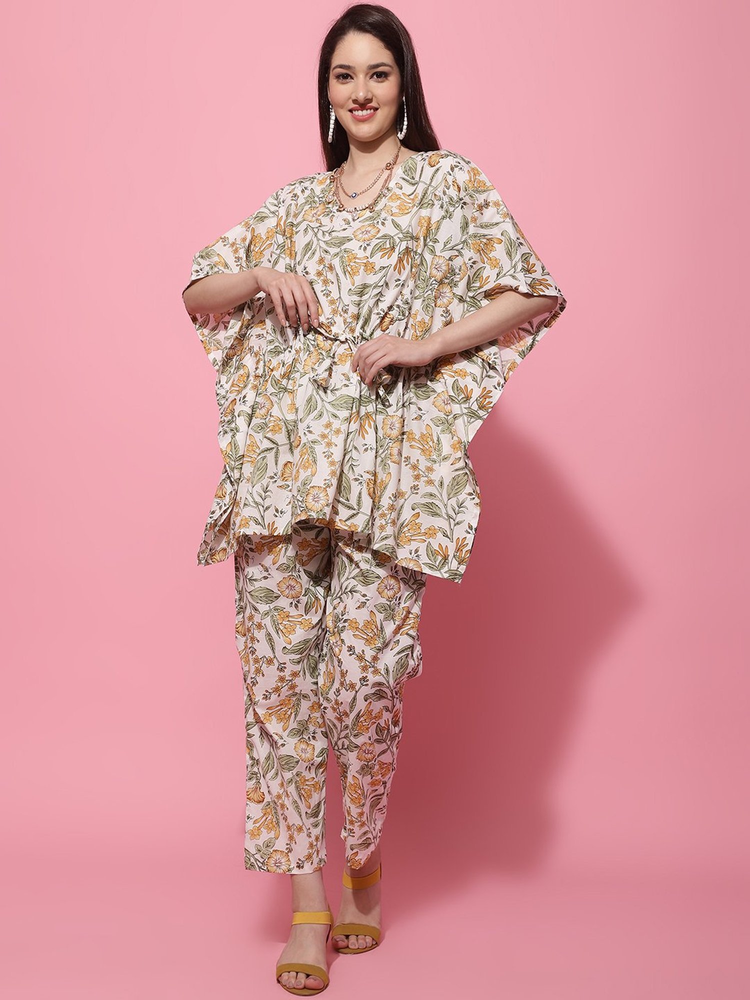 TAG 7 Yellow & White Cotton Floral Print Kaftan Pants Set