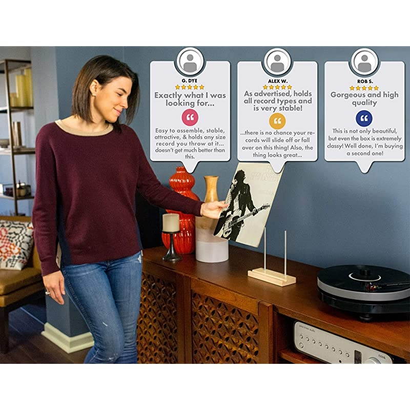 Tabletop Record Display Now Playing Vinyl Record Stand Modern Attractive Sculpted Hardwood Stainless Steel Holds Thick 2X Gatefold LPs Securely Maple