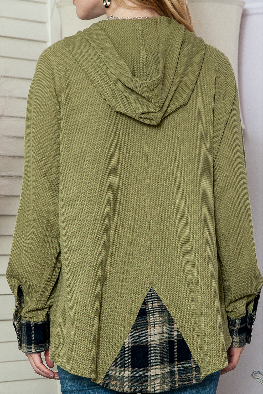 Green Waffle Knit and Flannel Henley Oversized Hoodie