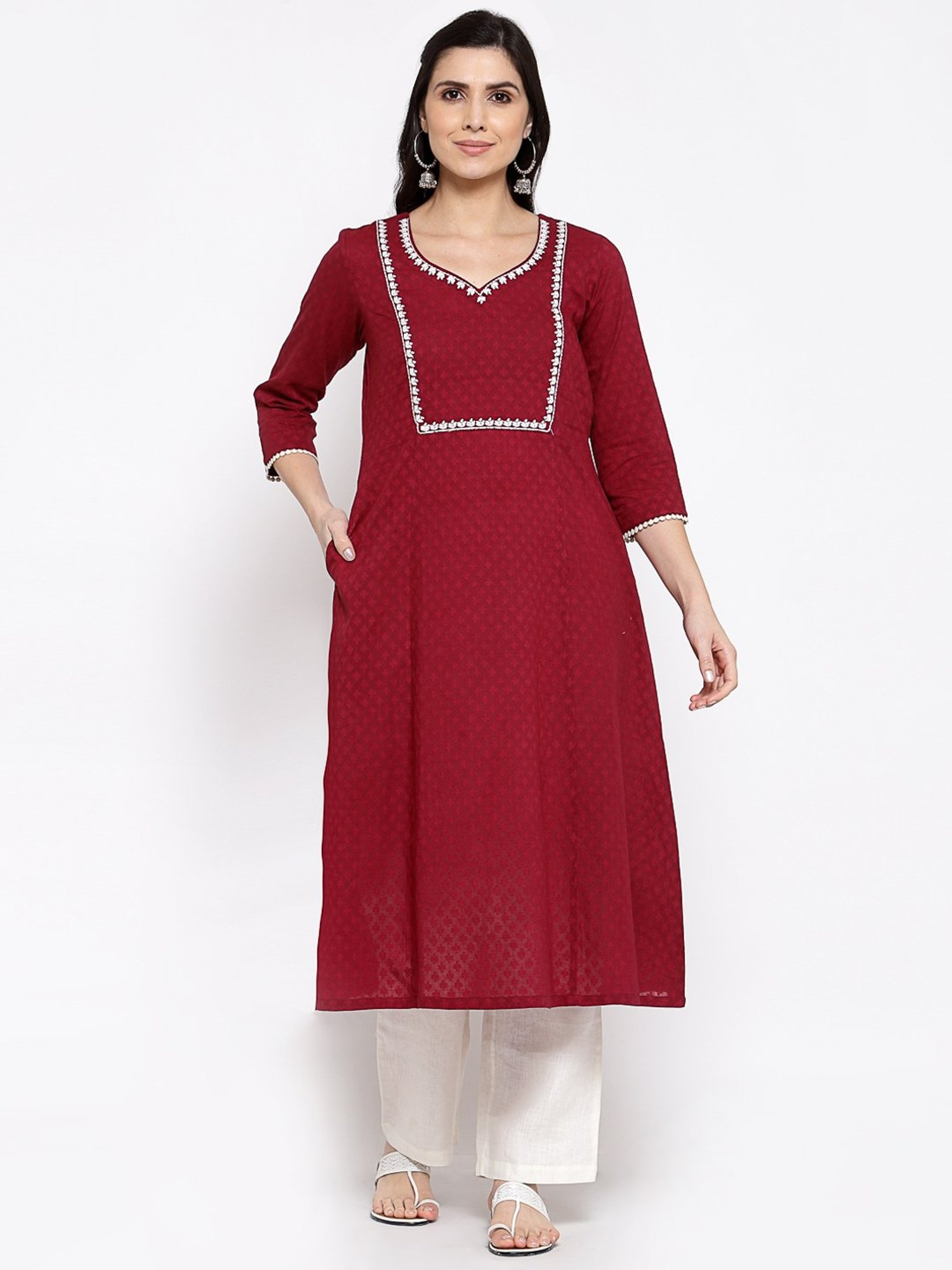 DART STUDIO Maroon Cotton Embroidered A Line Kurta