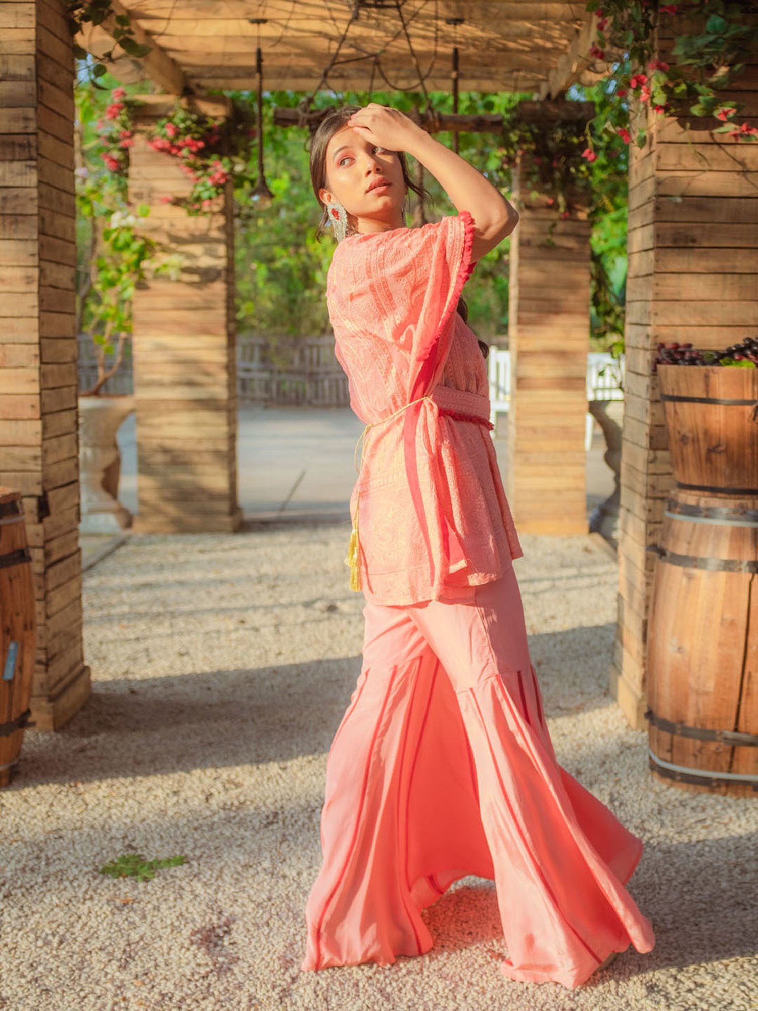 Monk and Mei Suraiya Chikankari Kaftan, Sharara & Belt - Peachy Melon