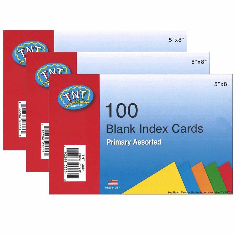 3pk 100 per pack 5" x 8" Blank Index Cards Primary Colors - Top Notch Teacher Products