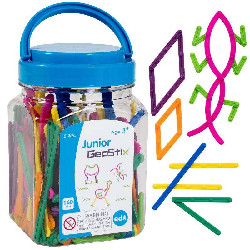 Edx Education Junior GeoStix - Mini Jar - Set of 160 - Geometric Construction Sticks - Build 2D Shapes and Pictures - Math Manipulative for Kids