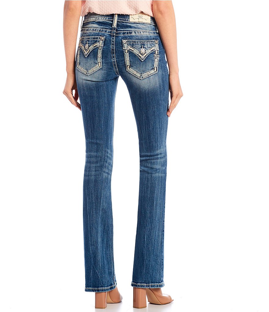 Miss Me Destructed Embellished Stitch Floral Bootcut Jeans