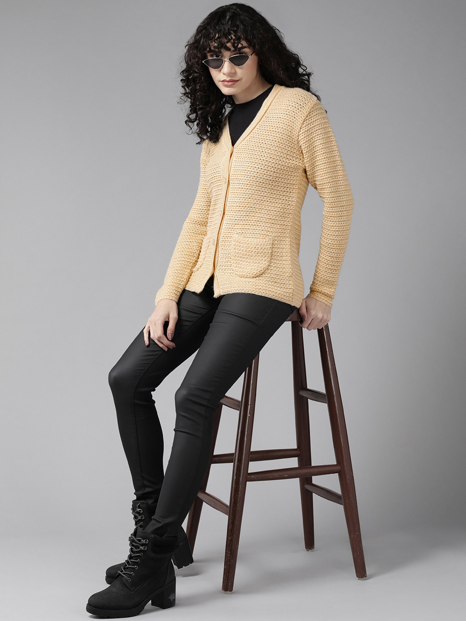 Cayman Beige Woolen Textured Cardigan