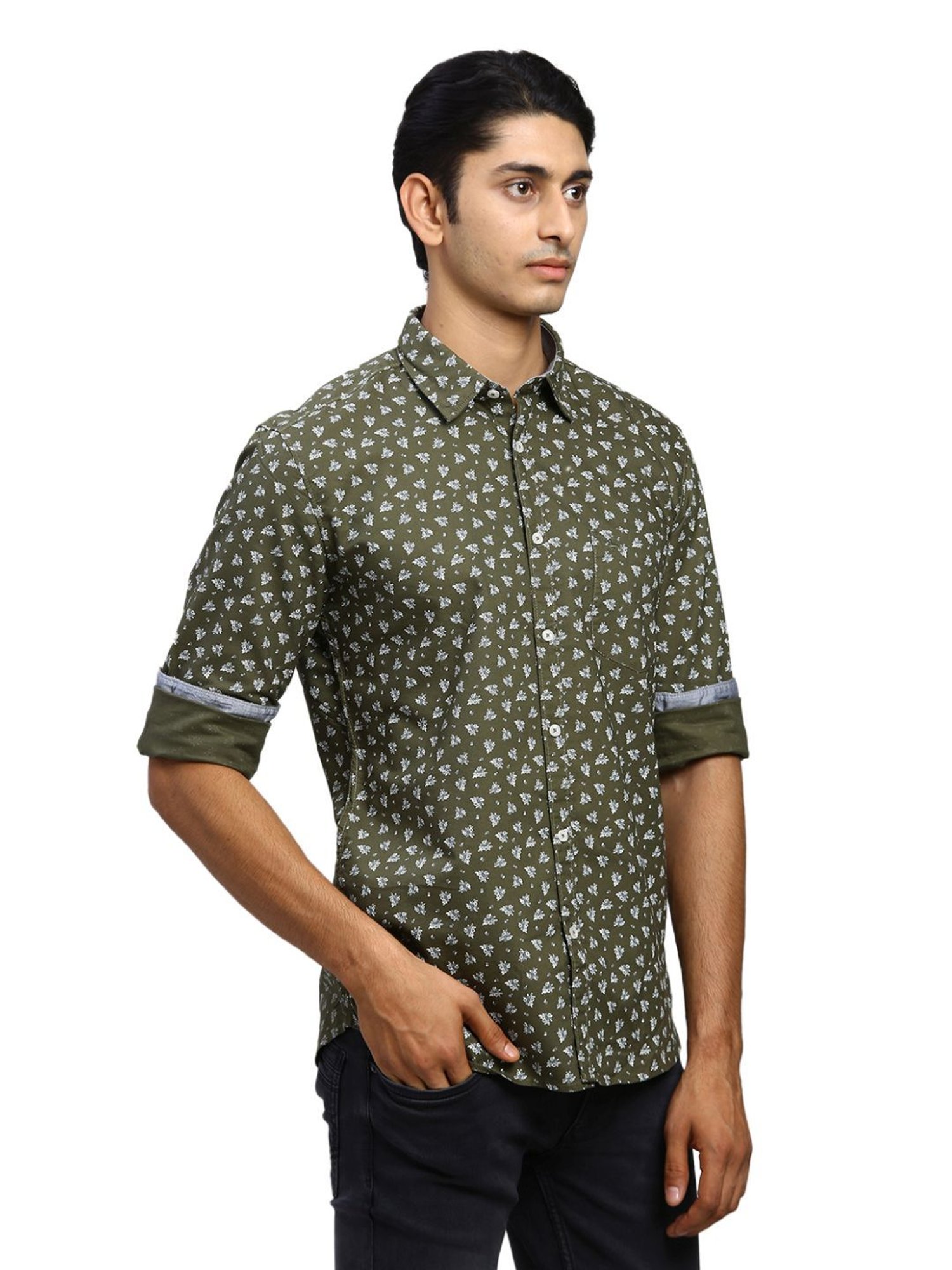 Parx Green Cotton Slim Fit Printed Shirt