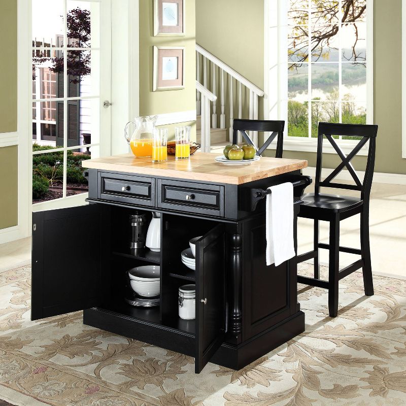 Oxford Kitchen Island with 2 X-Back Stools Black - Crosley