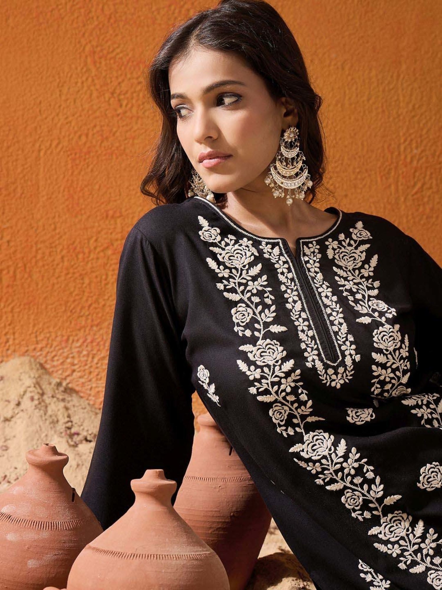 Indo Era Black Embroidered Straight Kurta