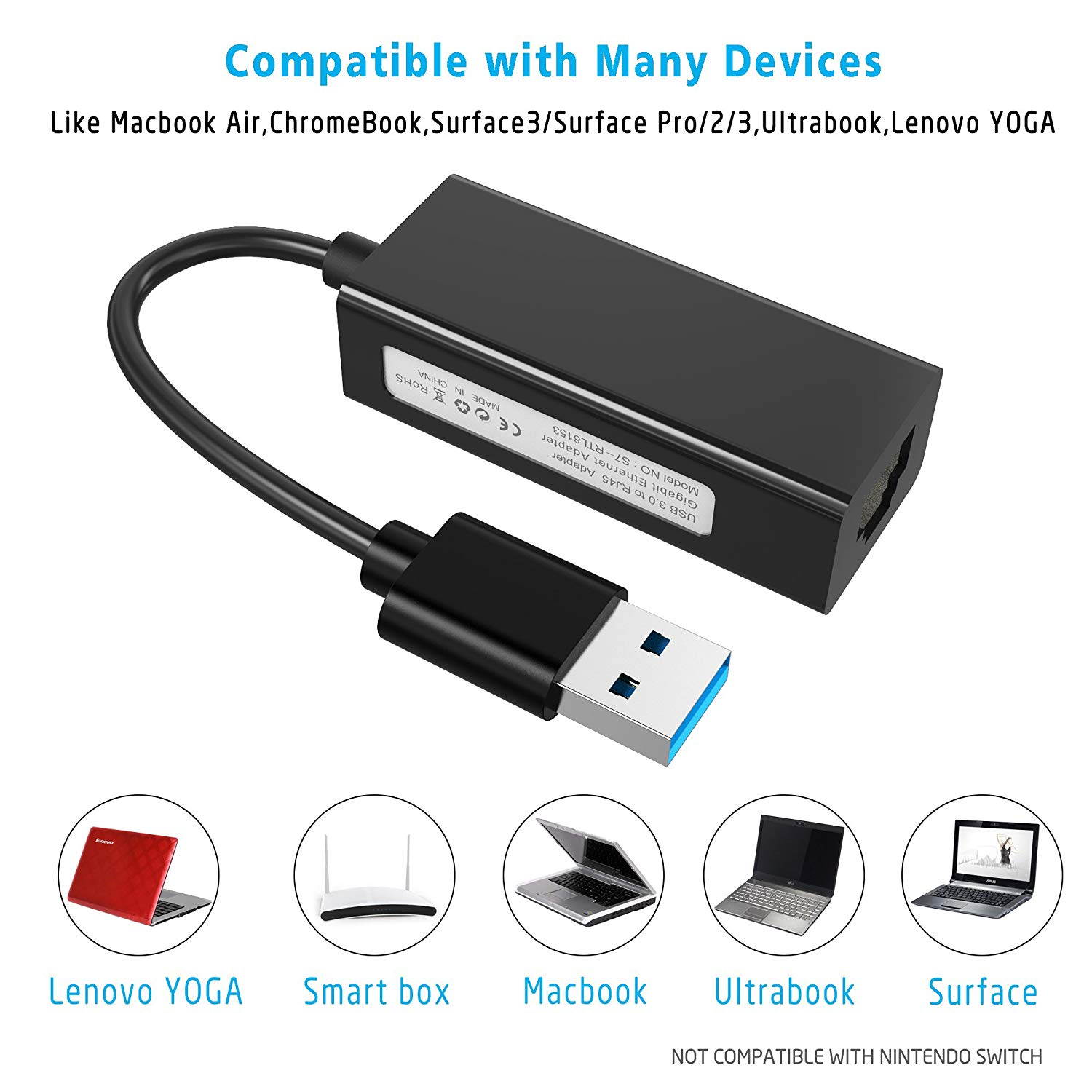 Updated USB Network Adapter, USB 3.0 to 10/100/1000 Mbps RJ45 Gigabit Ethernet Adapter Superspeed for Macbook, Mac Pro/mini, iMac, Windows, Surface Pro, Notebook PC and More