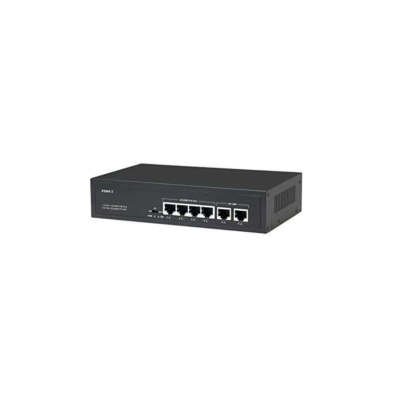 4 Port PoE Switch Plug and Play PoE+ Switch with Additional 2 Uplink Port, Up to 30W Per Port, Total Budget 60W, 803.af Compliant, 10/100Mbps, Vlan, Extend Mode 600ft