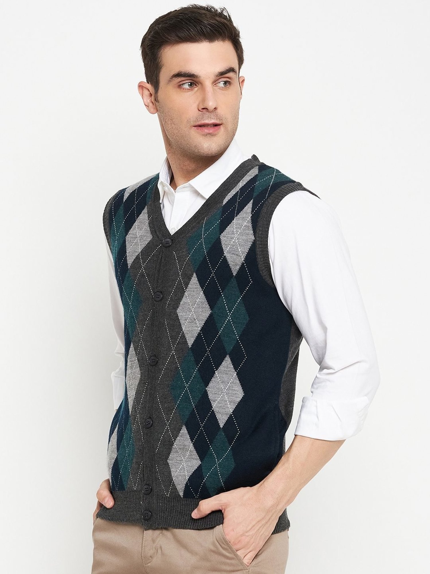 Cantabil Navy & Grey Regular Fit Printed Cardigan