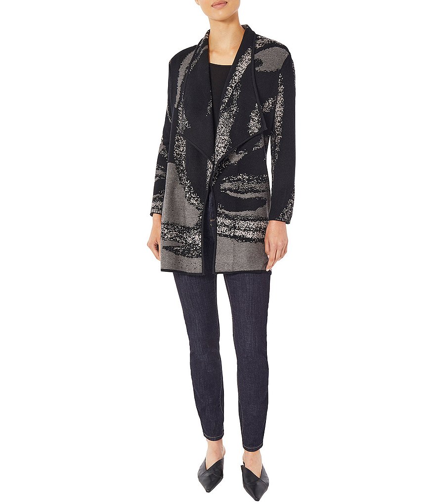 Ming Wang Abstract Pattern Shawl Collar Neck Long Sleeve Knit Cardigan