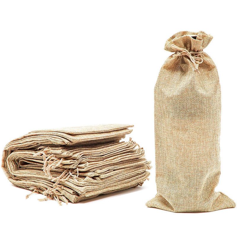 Juvale 24-Pack Burlap Wine Gift Bag with Jute Drawstring, Natural Linen Wine Bottle Wrapping Holder for Anniversary Wedding Events, 14" x 6"